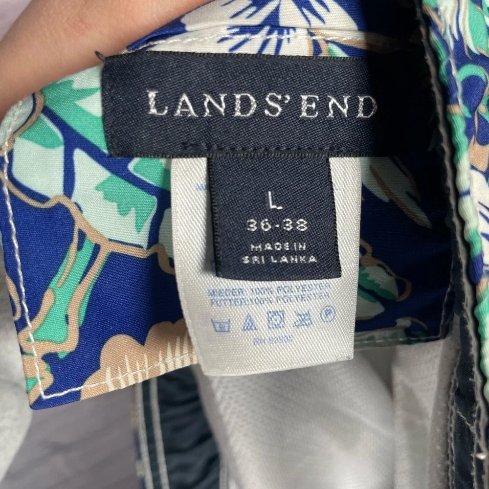 Lands' End Mens Blue Floral Cargo Swim Trunks Size L 36-38 Suit Board Shorts‎
